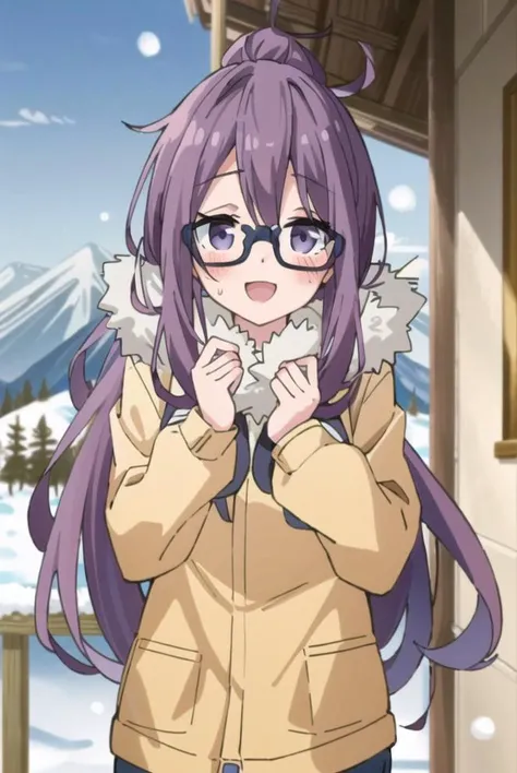 1girl, masterpiece, best quality, ultra-detailed, shiny hair, (shiny skin:1.2),  <lora:kagamihara_sakura_v1:1>, kagamihara sakura, glasses, long hair, outdoors, mountain, (full-face blush:1.2), smile, :D, floating hair, standing, sweat, snow, snowing,