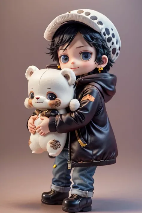 masterpiece,best quality,8k ,highestres,solo,transparent background, simple background, soft light,fluffy,
(1boy),male focus,<lora:Trafalgar_lawV3:0.8> ,law,coat,tattoo,arm tattoo,hand tattoo,chest tattoo,heart shape tattoo,
jeans,open black coat,black hair, earrings,leopard print on jeans, 
(dynamic pose),light smile, happy,
(hugging white bear:1.3),
(chibi:1.2),cute ,detailed eyes,full body, <lora:blindbox_V1Mix:0.7> ,<lora:envybetterhandsLocon_beta2:1> ,<lora:add_detail:0.4>  <lora:conceptBagsUnderEyes_v10:0.3> Bags under eyes,