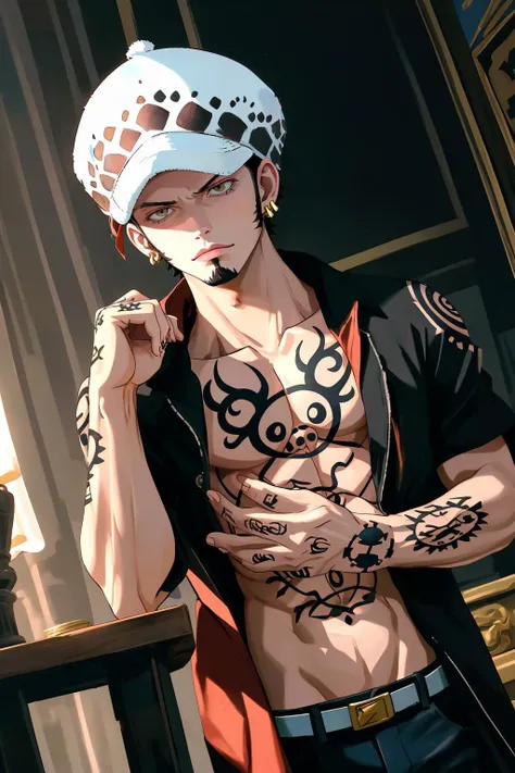 <lora:Trafalgar_lawV4:0.8> 1 boy, law, earrings, hat, chest tattoo, hand tattoo, forearm tattoo, shoulder tattoo, cowboy shot,, beautiful lighting, dutch angle,, (masterpiece, best quality,absurdres: 1.2), perfect hands,