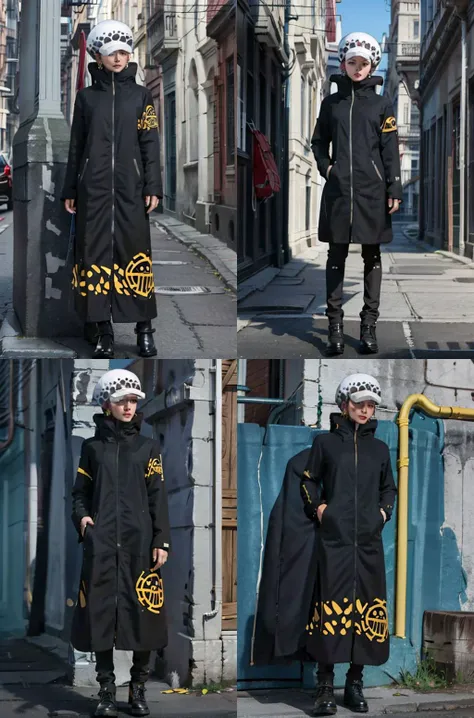 masterpiece,best quality,8k,highestres,absurdres, extremely detailed, punk coat,black coat,full body,
1girl,femlaw,hat,<lora:Trafalgar_lawV5.4-10:0.8> ,earrings,<lora:punk_coat-07:0.8>