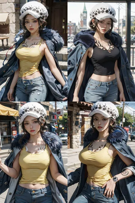 masterpiece,best quality,8k,highestres,absurdres, extremely detailed,
femlaw, solo, looking at viewer, short hair, large breasts, hat, navel, holding, cleavage, collarbone, earrings, midriff, pants,coat, fur trim, denim, jeans, fur-trimmed coat, coat on shoulders, yellow tank top,///,<law <lora:Trafalgar_lawV55-10:0.8>