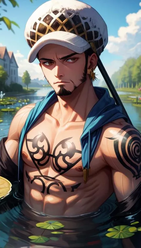 solo, masterpiece, best quality, male, mature, athletic body, strong face, strong, A tranquil riverside scene with willows and water lilies, photo by Lewis Hine, <lora:more_details:0.7>, Friendly mutton chops beard style, <lora:sword:0.7>, 1boy,law, earrings, hat, chest tattoo, forearm tattoo, hand tattoo, shoulder tattoo, portrait, close up