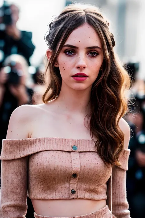 photo of beautiful (m4y4h4wke:0.99), a woman with beautiful hair, hair upsweep updo, (freckles:1.1), as a movie star in a (movie premiere), premiere gala, (near a movie theatre), natural skin texture, (elegant red sweater off-shoulder), (suspenders:1.1), 24mm, 4k textures, soft cinematic light, adobe lightroom, photolab, hdr, intricate, elegant, highly detailed, sharp focus, ((((cinematic look)))), soothing tones, insane details, intricate details, hyperdetailed, low contrast, soft cinematic light, exposure blend, hdr, faded, (paparazzi in background), (painted lips:1.1), ((looking straight at the camera:1.1))