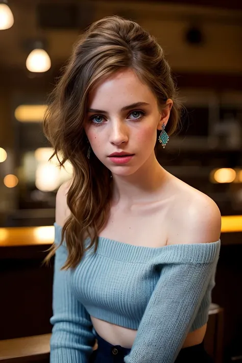 photo of seductive (m4y4h4wke:0.99), a woman as a sexy student, closeup portrait, beautiful hair, hair upsweep updo, (elegant sweater off-shoulder), (suspenders:1.1), at an (80s style) cantina sitting bar, (masterpiece photorealistic picture:1.1) (bokeh) (best quality) (detailed skin texture pores hairs:1.1) (intricate) (8k) (HDR) (wallpaper) (cinematic lighting) (sharp focus), eyeliner, painted lips, (earrings), (vivid atmosphere)