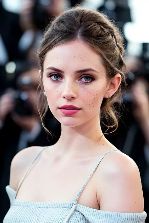photo of beautiful (m4y4h4wke:0.99), a woman with beautiful hair, hair upsweep updo, (freckles:1.1), as a movie star in a (movie premiere), premiere gala, (near a movie theatre), natural skin texture, (elegant blue sweater off-shoulder), (suspenders:1.1), 24mm, 4k textures, soft cinematic light, adobe lightroom, photolab, hdr, intricate, elegant, highly detailed, sharp focus, ((((cinematic look)))), soothing tones, insane details, intricate details, hyperdetailed, low contrast, soft cinematic light, exposure blend, hdr, faded, (paparazzi in background), (painted lips:1.1), ((looking straight at the camera:1.1))