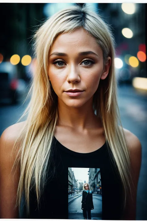 photo of (j3nnyfr0st_ti:0.99), closeup portrait, perfect blonde hair, hair upsweep updo, posing, (modern photo, graphic tee), (polaroid frame), 24mm, ((tintype)), (analog, film, film grain:1.3), ((on a Paris street, night, gritty)), ((detailed eyes)), (seductive pose), (epicPhoto)