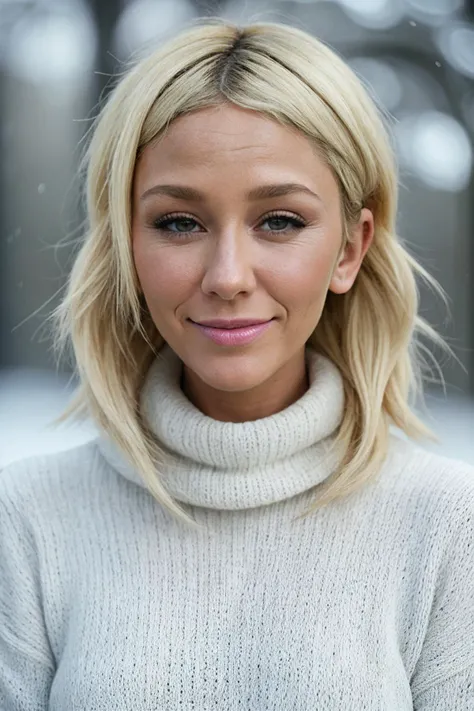 RAW photo, portrait of a blonde woman wearing a white wool sweater,subtle smile,(j3nnyfr0st_ti-6000),(high detailed skin:1.1),winter background,soft lighting, snow, ice,snow flakes, 8k uhd, dslr, high quality, film grain, Fujifilm XT3