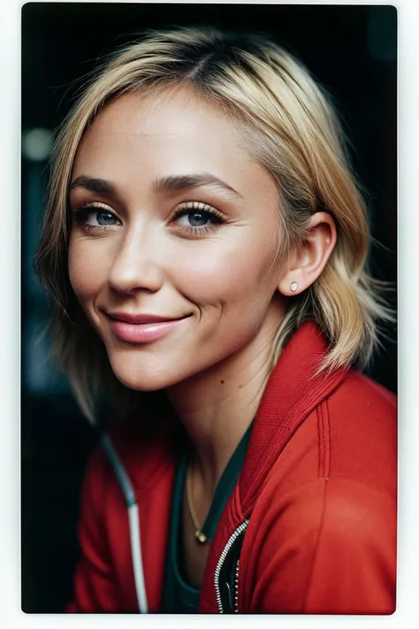 photo of (j3nnyfr0st_ti:0.99), closeup portrait, perfect blonde hair, hair in the air, posing, (modern photo, track suit), (polaroid frame), 24mm, ((tintype)), (analog, film, film grain:1.3), ((on a Paris street, night, gritty)), ((detailed eyes)), (seductive pose), (epicPhoto), smiling