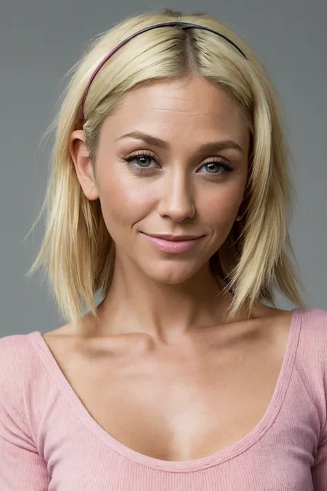 RAW photo, portrait of a blonde woman wearing a pink top and jeans,subtle smile,(j3nnyfr0st_ti-6000), (high detailed skin:1.2),simple background,light streaks,rim light, 8k uhd, dslr, high quality, film grain, Fujifilm XT3