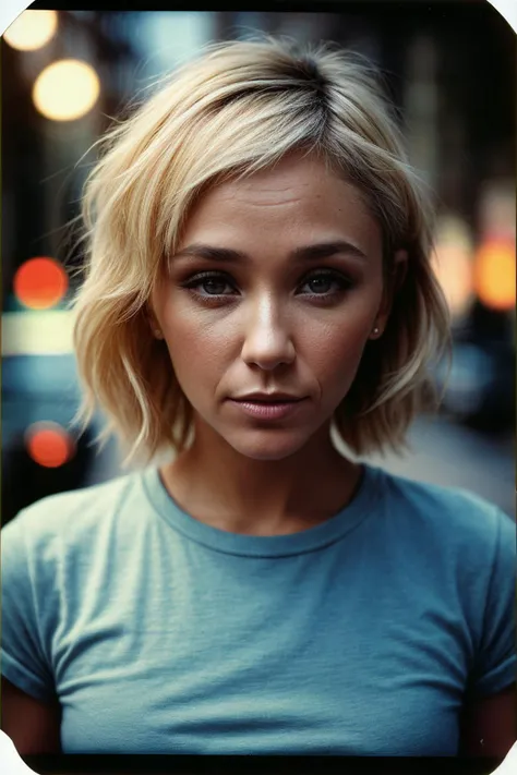 photo of (j3nnyfr0st_ti:0.99), closeup portrait, perfect blonde hair, hair upsweep updo, posing, (modern photo, graphic tee), (polaroid frame), 24mm, ((tintype)), (analog, film, film grain:1.3), ((on a Paris street, night, gritty)), ((detailed eyes)), (seductive pose), (epicPhoto)