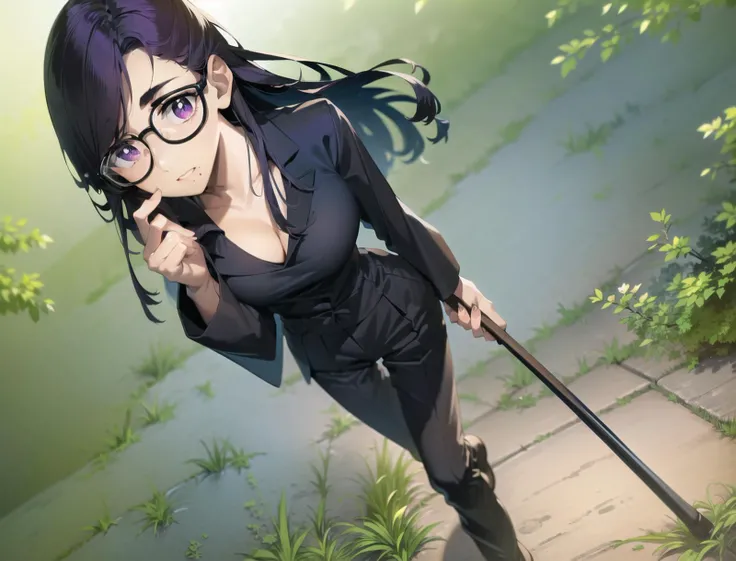 (masterpiece, best quality:1.2), anime illustration, digital painting, (1girl, solo:1.1), cleavage, finely detailed background, <lora:summertimeRendering_minakatahizuru:1.1> minakatahizuru, (black hair:1.1), (purple eyes:0.7), (black-framed eyewear:1.3), (full body:1.2), big breast,
straight on, intricate, standing, (Black suit pants:1.2), (Black T-shirt:1.2), (Black suit jacket:1.2), Wearing black gloves, Silver Suitcase, incredible absurdity, detailed light, colorful, layered backgrounds, gorgeous background, dynamic angle, delicate background, extremely detailed CG unity 8k wallpaper, (highres:1.05), looking at viewer, (from above:1.2), Japanese style, Sunlight, (Forest:1.2), (Old Stone Road:1.1), (Located in the Japanese countryside:1), Expressionless, (wide angle:1.2), old book store, Passing by, straight on,
masterpiece, best quality, (masterpiece:1.5), (highly_detailed:1.05), (highres:1.05), ultra detailed, 100-layers, long eyelashes, eyeliner, eyeshadow, mascara, extremely detailed, intricate, absurdres, small details, ultra detailed, detailed eyes, (intricate details, volumetric lighting, cinematic lighting, award-winning, macro vivid colors, rule of thirds, majestic, detailed, elegant),colorful, breasts, narrow waist, thighs, depth of field, (Traditional Japanese General Store:1.4), out door, (Dragging a Silver suitcase:1.1), Hold a detective novel with one hand,
