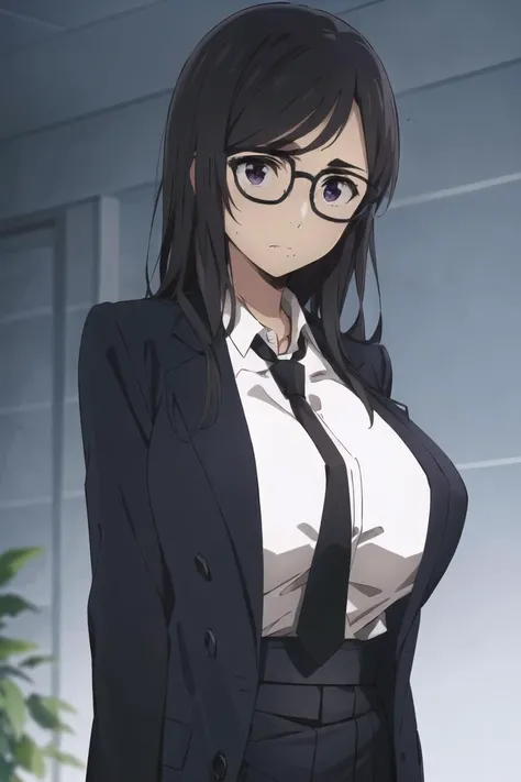 ((masterpiece,best quality, detailed)), ultra-detailed, detailed hair, hard rim lighting,((dramatic lighting)),sharp focus,minakatahizuru, 1girl, black eyes, suit, huge breasts, standing, necktie, white shirt,