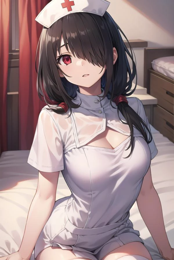 kurumitokisaki, <lora:kurumitokisaki:1>, tokisaki kurumi, black hair, low twintails, (hair over one eye:1.5), (red eyes:1.2), (small breast:1.2), BREAK thighhighs, hat, cleavage, white thighhighs, nurse cap, nurse, tokisaki kurumi, BREAK looking at viewer, BREAK indoors, bed, bedroom, BREAK <lora:GoodHands-vanilla:1>, (masterpiece:1.2), best quality, high resolution, unity 8k wallpaper, (illustration:0.8), (beautiful detailed eyes:1.6), extremely detailed face, perfect lighting, extremely detailed CG, (perfect hands, perfect anatomy),