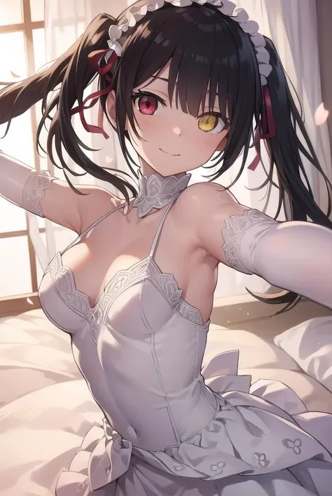 kurumitokisaki, <lora:kurumitokisaki:1>, tokisaki kurumi, clock eyes, black hair, twintails, (yellow eyes:1.2), heterochromia, (red eyes:1.2), smile, (small breast:1.2), BREAK blush, thighhighs, gloves, dress, bare shoulders, elbow gloves, white gloves, white dress, high heels, white thighhighs, garter straps, veil, wedding dress, bridal veil, BREAK looking at viewer, BREAK indoors, bed, bedroom, BREAK <lora:GoodHands-vanilla:1>, (masterpiece:1.2), best quality, high resolution, unity 8k wallpaper, (illustration:0.8), (beautiful detailed eyes:1.6), extremely detailed face, perfect lighting, extremely detailed CG, (perfect hands, perfect anatomy),