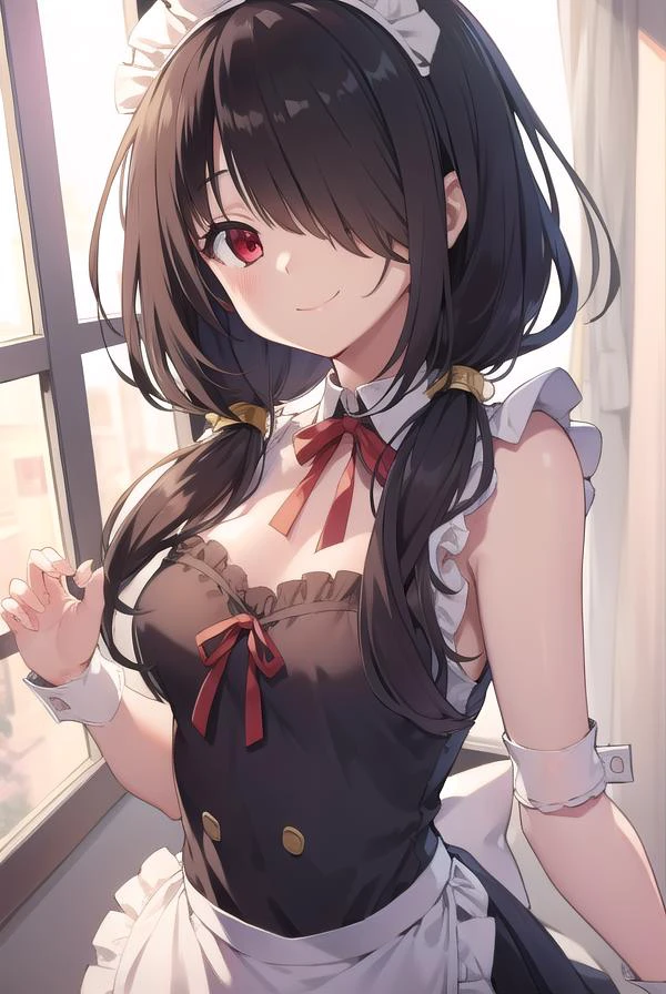 kurumitokisaki, <lora:kurumitokisaki:1>, tokisaki kurumi, black hair, low twintails, (hair over one eye:1.5), (red eyes:1.2), (small breast:1.2), BREAK blush, smile, thighhighs, bow, ribbon, cleavage, frills, apron, white thighhighs, wrist cuffs, maid, maid headdress, garter straps, BREAK looking at viewer, BREAK indoors, bed, bedroom, BREAK <lora:GoodHands-vanilla:1>, (masterpiece:1.2), best quality, high resolution, unity 8k wallpaper, (illustration:0.8), (beautiful detailed eyes:1.6), extremely detailed face, perfect lighting, extremely detailed CG, (perfect hands, perfect anatomy),