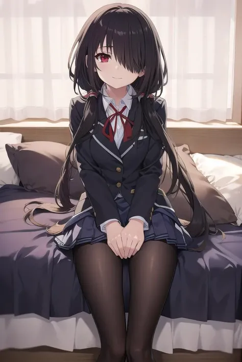 kurumitokisaki, <lora:kurumitokisaki:1>, tokisaki kurumi, clock eyes, black hair, low twintails, (hair over one eye:1.5), (red eyes:1.2), smile, (small breast:1.2), BREAK school uniform, jacket, pantyhose, pleated skirt, black pantyhose, BREAK looking at viewer, BREAK indoors, bed, bedroom, BREAK <lora:GoodHands-vanilla:1>, (masterpiece:1.2), best quality, high resolution, unity 8k wallpaper, (illustration:0.8), (beautiful detailed eyes:1.6), extremely detailed face, perfect lighting, extremely detailed CG, (perfect hands, perfect anatomy),