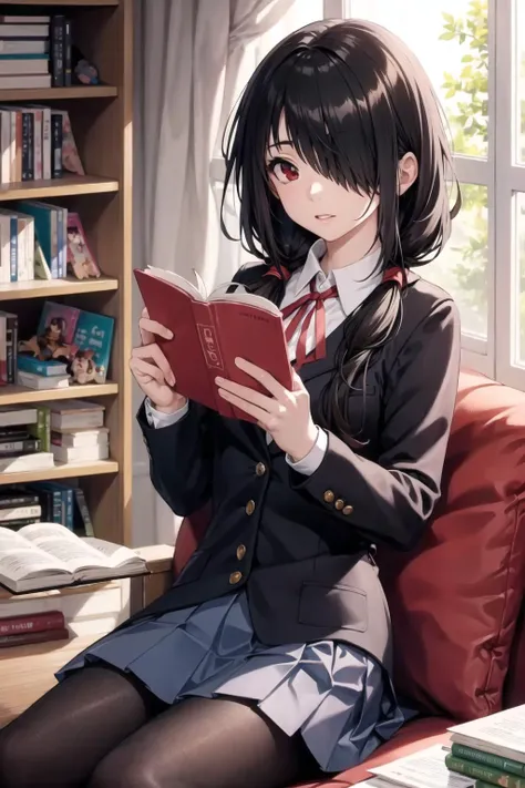 masterpiece, best quality, kurumitokisaki, <lora:kurumitokisaki:1>, tokisaki kurumi, clock eyes, black hair, low twintails, (hair over one eye:1.5), (red eyes:1.2), school uniform, jacket, pantyhose, pleated skirt, black pantyhose, white shirt, looking at book, library, bookshelf, (beautiful detailed eyes:1.6), (perfect hands, perfect anatomy), pile of books, desk, sitting on sofa, petite