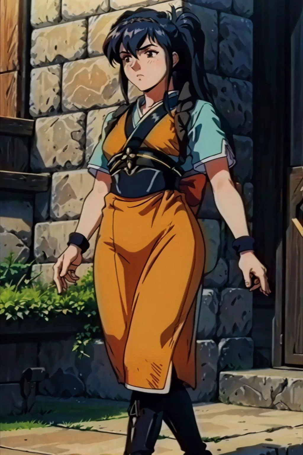 masterpiece, best quality, <lora:Feovatest2:1> <lora:oboro-nvwls-v1-final:1> oboro, hairband, orange kimono, blue shirt, short sleeves, black leggings, bracers, knee boots, standing, furrowed brow, japanese architecture
