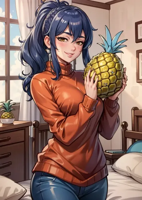 masterpiece, best quality, oboro, red pullover sweater, blue pants, holding a huge yellow pineapple with both hands, cowboy shot, infatuated, smile, bedroom <lora:oboro-nvwls-v1-000012:0.7>