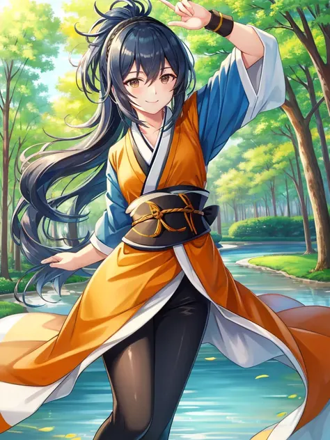masterpiece, best quality, ultra high quality cg, oboro, hairband, orange kimono, black leggings, bracers, smile, determined face, nature, park, trees, pond, dynamic pose