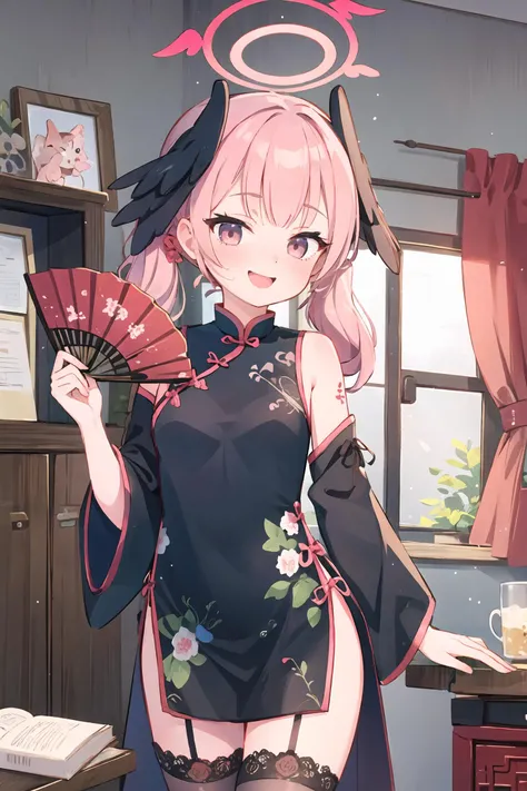 1girl, koharu \(blue archive\), twintails, halo, china dress, highleg, lace-trimmed legwear, cowboy shot, holding fan, chinese room, indoors, <lora:face-sensualface_type2:0.8>, gasp, ecstasy, light smile