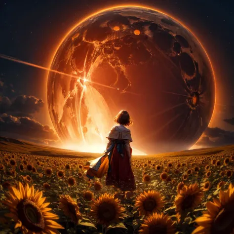 a woman holding a bunch of sunflowers in her hands and looking at the sky with a smile,((red clothes)),sunflowers field,(sky:1.3),clear sky,meadow,(giant flowers:1.5),strong wind,dramatic lighting,bloom,noisy film grain effect,super wide shot,meteor,(end of the world:1.5),
<lora:oujuV2-000005:0.3>,<lora:SLS:1>,dark theme ,<lora:LowRA:0.3>,official art,finely detail,Depth of field,(((masterpiece))),((extremely detailed CG unity 8k wallpaper)),best quality,high resolution illustration,Amazing,highres,intricate detail,(best illumination, best shadow, an extremely delicate and beautiful),<lora:add_detail:1>,tilt-shift photography,miniature effect,selective focus,blurred edges,small-scale illusion,playful perspective,(pale skin:1.1),