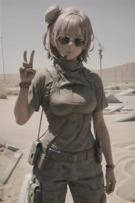 <lora:chvkj-15:0.5> ,chvkj, wristwatch, smoking, masterpiece,
body armor, high quality, 1girl, desert, ruins, medium breasts, hammer, pants, solo, standing, sunglasses, military outfit, cowboy shot, <lora:yui_yuigahama_v2:0.95> yui yuigahama, short hair, single hair bun,  <lora:1more_details:0.5>