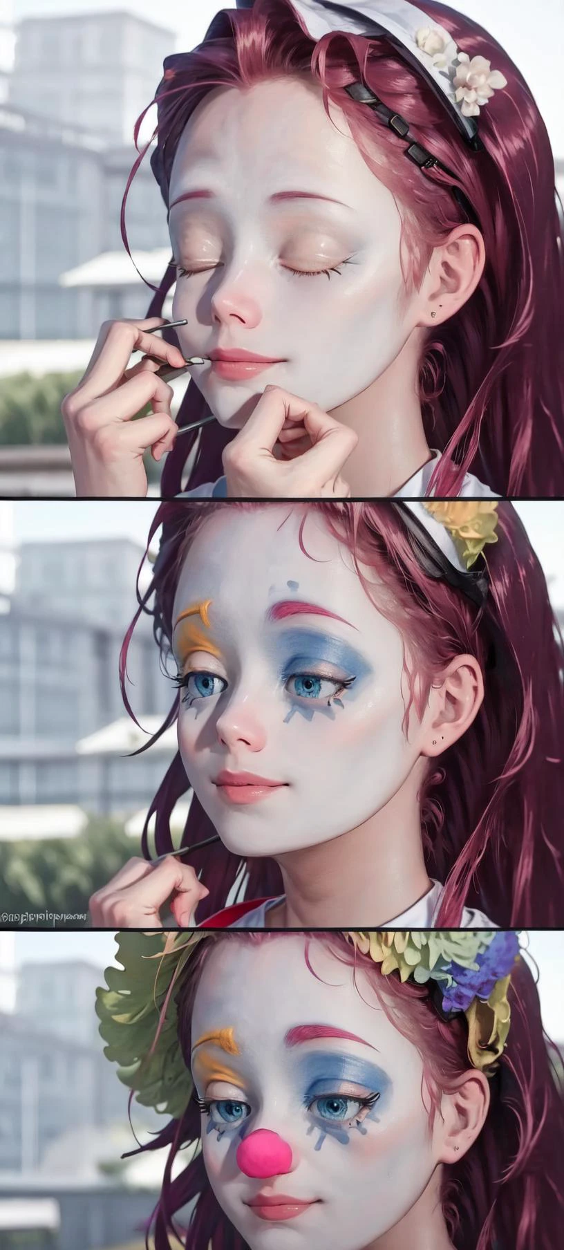 (1girl, one girl), (solo:1.3), (mlppinkiepie:1.3),pale skin, long hair, blue_eyes, (smiling, happy:1.3), (pink curly hair:1.2), BREAK
IncrsClownMakeupMeme, <lora:PuttingOnClownMakeupMeme:1> BREAK
(cute_background, daylight,detailed_background:1.3), BREAK
best quality, masterpiece, detailed background, highly detailed, intricate, detailed face, long eyelashes, detailed eyes, <lora:mlp_pinkiepie:0.8><lora:GoodHands-vanilla:1>