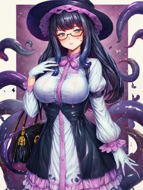 <lora:GENSHI-06:0.7>, pastel colors, muted colors, pencil drawing,handdrawn watercolor pencil illustration, GENSHISTYLE, 1girl, solo, looking at viewer, blush, large breasts, black hair, gloves, long sleeves, hat, dress, jewelry, glasses, puffy sleeves, white gloves, bag, mole, uniform, juliet sleeves, monster girl, tentacles with black purple goo slime, handbag, scylla, <lora:DETAIL_SLIDER_BY_STABLE_YOGI:0.7> <lora:gradient monsters:0.5>