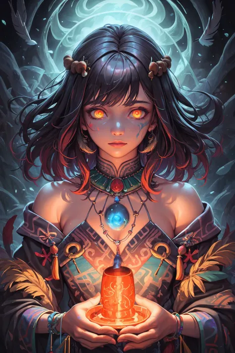 (realistic,painting_style,) masterpiece, best quality,
1 girl, adult woman, jade eyes, chestnut medium hair,
solo, (full body:0.6), detailed background, detailed face, (polynesian theme:1.1), (glowing eyes:1.05), tribal witchdoctor shaman, mystical, black clothes, totem, floating particles, feathers, nature in background, ritual, storm, ethereal atmosphere,
<lora:PsyAI_128:0.4>, PsyAI,