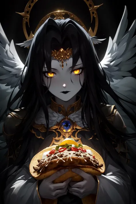 <lyco:24CansOfMonster_endsinger:.65>, Endsinger, (masterpiece, best quality, ultra-detailed, highres), perfect face, sidelighting, lustrous skin,(bloom), (shine), lighting, ray tracing, sci-fi,1girl, solo, black hair, black lips, wings, head wings, yellow eyes, long hair, colored skin, upper body, closed mouth, feathered wings, glowing eyes, glowing, bangs, colored sclera, confused look, very detailed background, highly detailed background, (ultra wide shot), ((holding up big fat tacos))