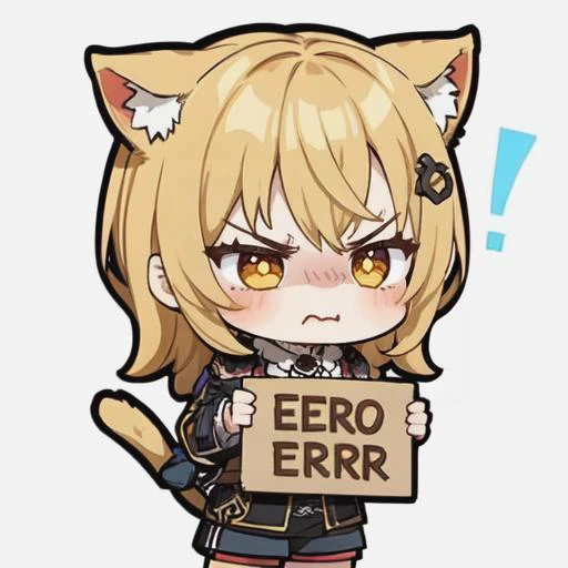 1girl, angry, cat ears, holding sign, ((âerrorâ)), chibi emote, <lora:chibi_emote_v1:1>