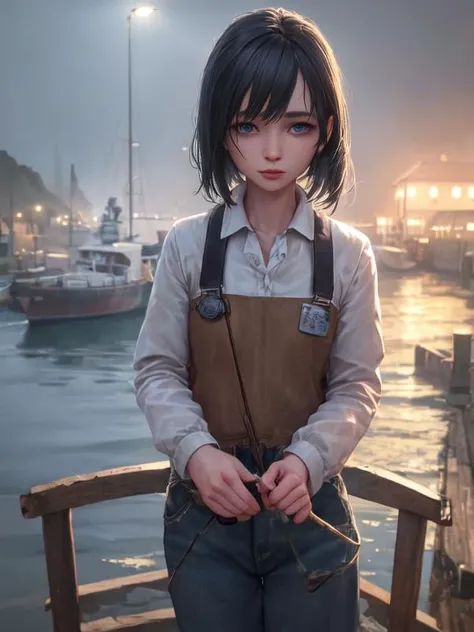 beautiful young irish woman, Workwear, standing at a fishing port, rain, fog, realistic, masterpiece, best quality, realistic eyes, 8k, cinematic lighting, dark shadows