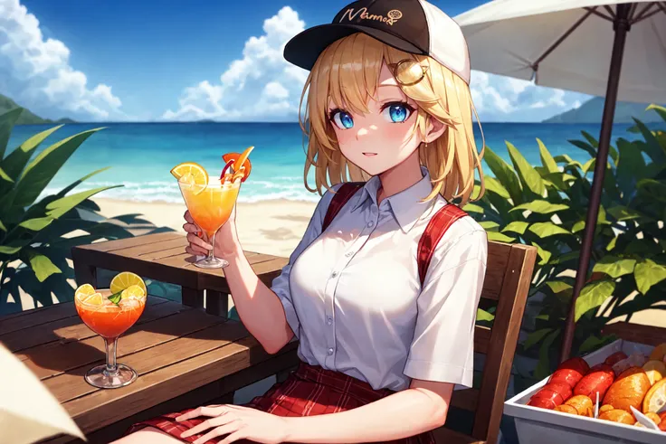 (mksks style, detailed background:1.1), watson_amelia, (solo:1.2), (eyes_focus), virtual_youtuber,blonde_hair, cap, white_shirt, close_up,
(outdoors, summer \(season\):1.3), cocktail, market stall, boat, beach, relaxing, beautiful