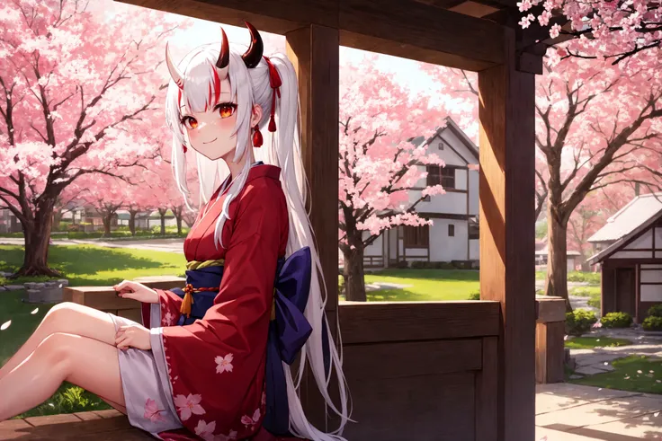 (mksks style, detailed background:1.1),  (solo:1.3), nakiri ayame, red_kimono, white_hair, horns, cute, comfy, happy, portait, relaxing, volumetric_lighting,

(outdoors, spring)\(season\:1.3), cherry blossoms, cute_house, colorful