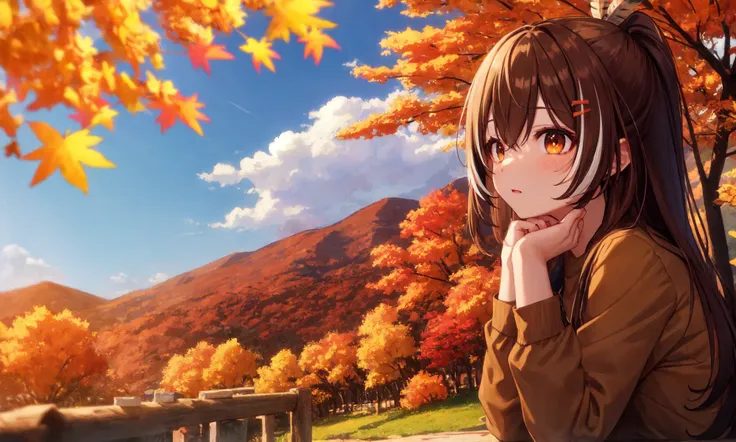 (mksks style, detailed background:1.1), nanashi_mumei, feather, solo, brown shirt, brown hair, long hair, comfy, (outdoors, spring \(season\), autumn:1.3), long sleeves,