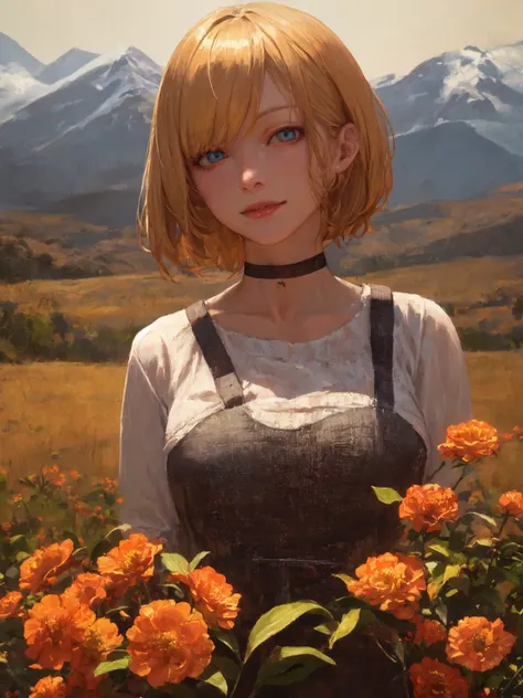 (realistic,painting_style,) mature, amelia watson, virtual youtuber, short hair, blonde, choker, masterpiece, best quality, cowboy_shot, standing, realistic eyes, head tilt, smug, looking_at_viewer, mountain, holding_flowers