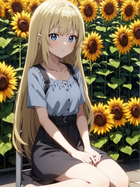 (anime screencap style),1girl, solo, relaxing, sunflower, cute, innocent