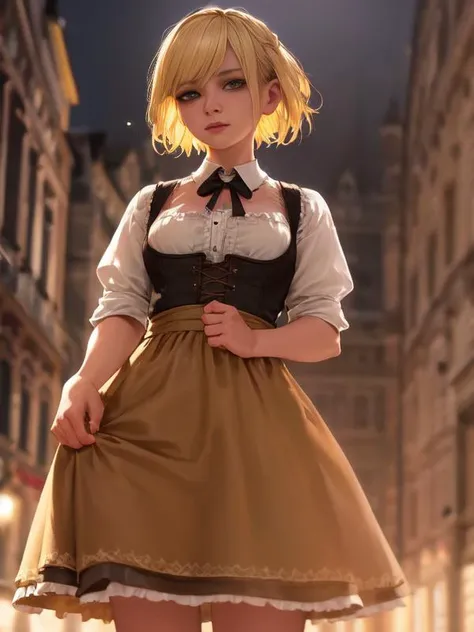 beautiful young german woman, blonde short hair, dirndl, standing in vienna, realistic, masterpiece, best quality, realistic eyes, 8k, cinematic lighting, dark shadows