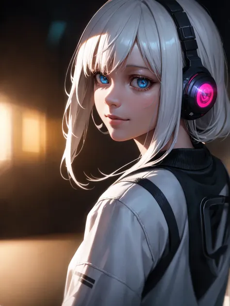 sle, mksks style, detailed background, anime, (on the moon, space, looking back into earth), white hair, black tank top, volumetric lighting, white jacket, glowing headphone, cyberpunk, futuristic, multi-color eyes, detailed eyes, hyper detailed,light smile, highly detailed, beautiful, small details, ultra detailed, best quality, intricate, hyperrealism, sharp, digital illustration, detailed, realism, intricate, 4k, 8k, trending on artstation, good anatomy, beautiful lighting, award-winning, realistic shadows, realistic lighting, beautiful lighting, raytracing, intricate details, moody, rule of thirds