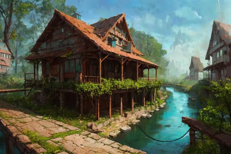 painting of a house with a walkway beside of a river,Ultra hd! surrealistic, 8k, solarpunk, green