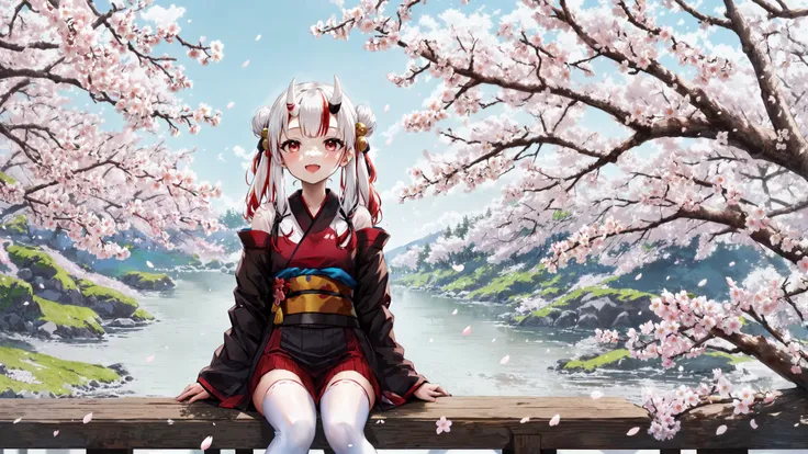 [(white background:1.5), ::3], (mksks style, detailed background:1.1), (nakiri ayame:1.2), (outdoors, spring \(season\), cherry blossoms:1.2), virtual youtuber, horns, red eyes, oni mask, mask, japanese clothes, oni horns, solo, thighhighs, long hair, multicolored hair, kimono,hair ornament, oni, mask on head, open mouth, streaked hair, looking at viewer, red hair, simple background, bell, hair bun, white thighhighs, white hair, sash, black kimono, off shoulder, hair bell, smile, double bun, breasts, obi, frills, small breasts, sitting, long sleeves, masterpiece, best quality <lora:gachaSplashLORA_v40:0.8> <lora:LoconLoraOffsetNoise_locon0501:1> 