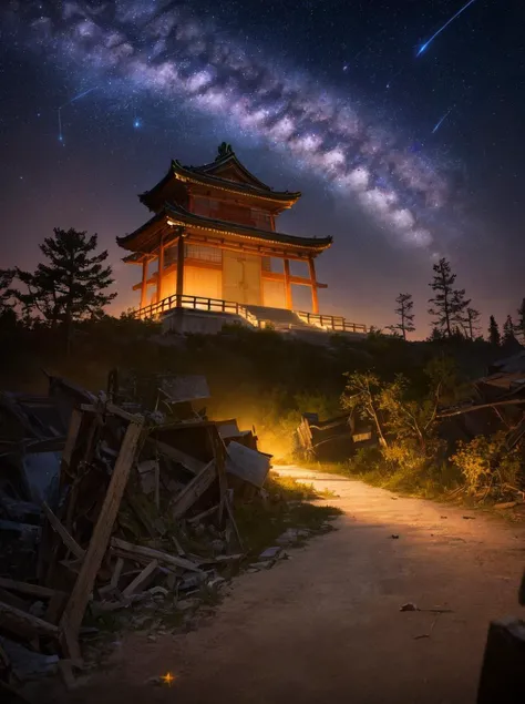 a hyper realistic photograph of an amazing big Japanese Temple in ruins surrounding with forest with the milky way galaxy shining. cinematic, atmospheric, 8k, ornate, cinematic lighting, hdr, hyperrealistic, (extremely detailed sky with milk way, stars), night, Masterpiece, Studio Quality, (clear night sky full of stars), , award winning