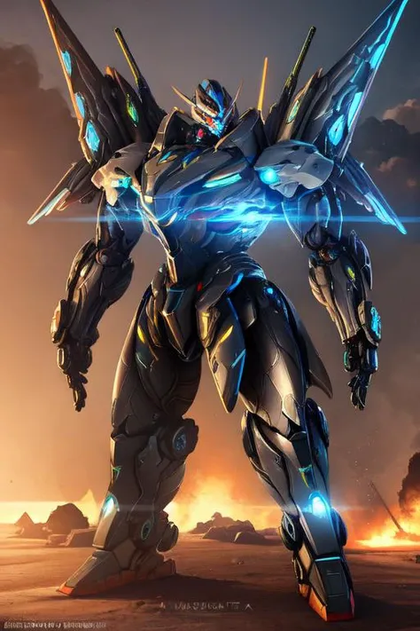 mech warrior, ginat robot, machine, bulky, strong, massive, realistic guns, machine guns, dystopian desert world, destroyed buildings, warzone, robot war, mecha, masterpiece, 8k, blender render, concept art, high definition, artstation, masterpiece, mechanical design, v-fin, absurdres, photorealism, detaield head structure, insanely detailed, hard surface modelling, unreal engine, missile strike, cinematic, studio made, smooth lighting, sharp focus, close up, gigantic, warframe, gundam, upepr body focus