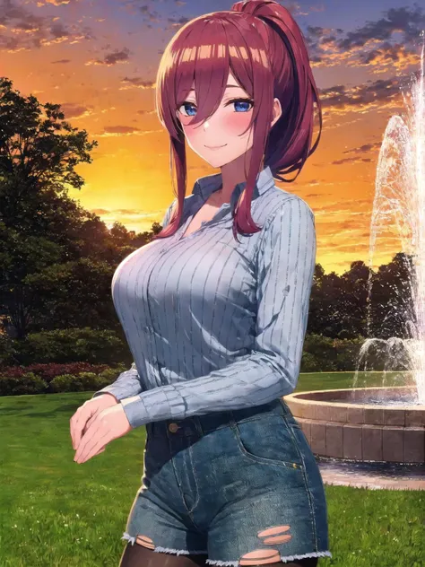 SLE, mksks style, detailed background SLE, mksks style, detailed background, solo, 1girl, aged up, mature female, nakano miku, brick red hair, long hair, bangs, hair between eyes, ponytail, blue eyes, large breasts, (dress shirt, plaid shirt, long sleeves), (denim shorts, short shorts, torn shorts), (shirt tucked in), brown pantyhose, smile, blush, looking at viewer, (park, garden, grass, fountain), (sunset, orange sky, clouds), outdoors,  <lora:negative-e12-15:-1.5>