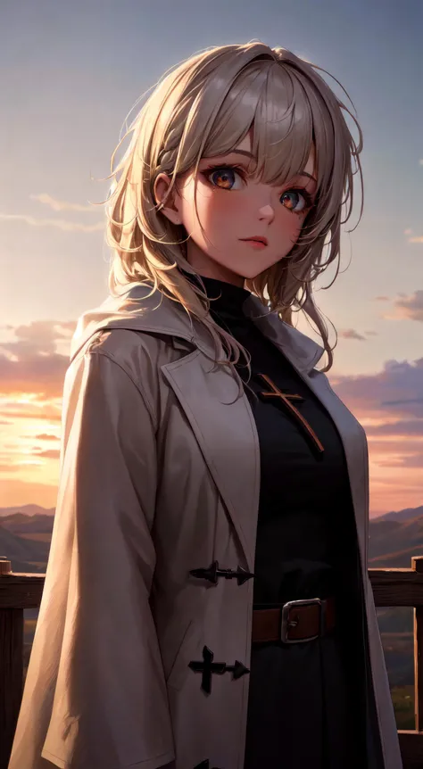 best quality, masterpiece, 1girl, upper_body, coat, luxury, solo, artistic, detailed, highres, pilgrim, messy_hair, outdoors, wild_west, white_hair, dark clothing, wearing cross
