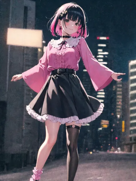 SLE, mksks style, detailed background photorealistic background, absurdres, highres, solo, 1girl, streaked hair, two-tone hair, black hair, red hair, medium hair, bangs, sidelocks, cross hair ornament, black eyes, jirai kei, black choker, belt collar, cross earrings, (two-tone shirt, pink shirt, black shirt), frilled shirt, buttons, (white neck ribbon), frilled sleeves, wide sleeves, (two-tone skirt, pink skirt, black skirt), long skirt, (frilled skirt), asymmetrical legwear, uneven legwear, (single thighhigh), single sock, bobby sock, frilled sock, thigh strap, black mary janes, light smile, blush, looking at viewer, city, sidewalk, buildings, city lights, (night), outdoors, full body, <lora:negative-e12-15:-1.5>