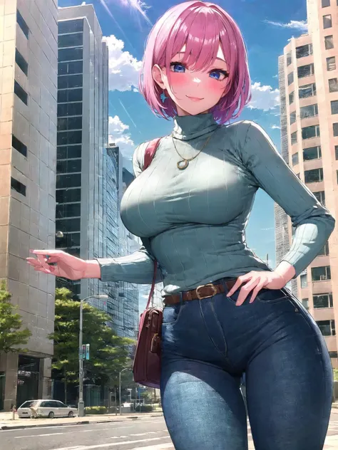 SLE, mksks style, detailed background SLE, mksks style, detailed background, solo, 1girl, aged up, mature female, nakano ichika, short hair, pink hair, (pixie cut: 1.4), bangs, blue eyes, large breasts, jewelry, necklace, earrings, (green turtleneck sweater), ribbed sweater, long sleeves, jeans, denim, tight pants, belt, purse, shoulder bag, smile, blush, looking at viewer, (city, sidewalk, buildings), (day, blue sky, clouds, sunlight), outdoors, cowboy shot, <lora:negative-e12-15:-1.5>