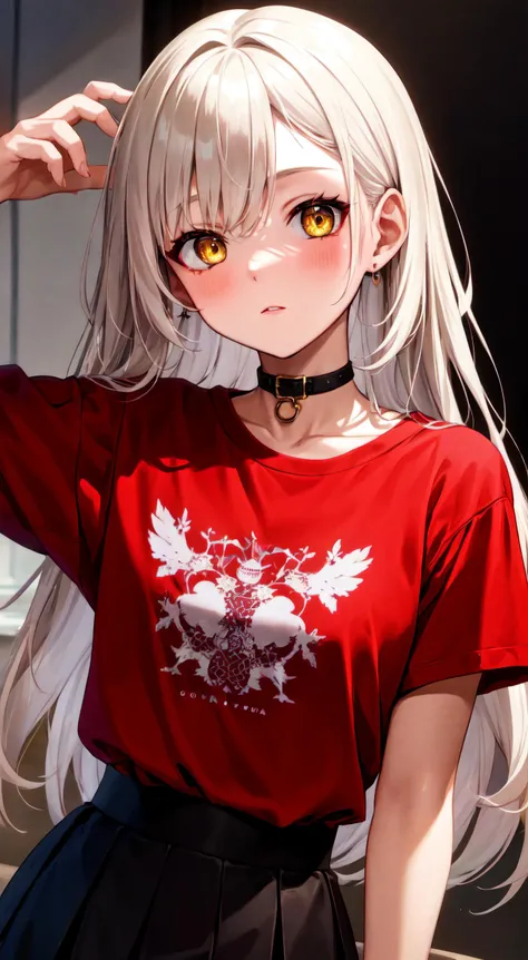 highres, ultra detailed, (1girl:1.3), white hair, BREAK yellow eyes, BREAK red t-shirt, BREAK black skirt, BREAK fresco technique, classic mural, plaster surface, rich pigments, timeless artistry, historical charm, evocative storytelling, BREAK screen printing, bold graphics, flat colors, layered designs, handcrafted texture, unique visuals, versatile technique