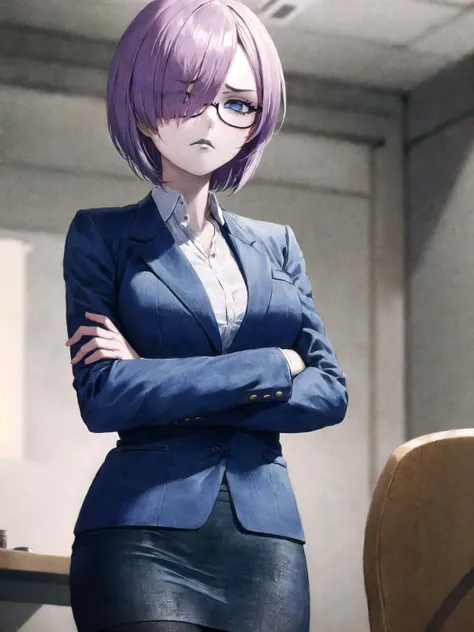 SLE, mksks style, detailed background solo, 1girl, mimori mizuha, dark persona, (gothic, punk), short hair, light purple hair, (hair over one eye, one eye covered), deep blue eyes, (black lips, lipstick, makeup), alternate costume, office lady, blue glasses, semi-rimless eyewear, under-rim eyewear, (blue blazer jacket, collared jacket), (open jacket), white dress shirt, collared shirt, buttons, (blue pencil skirt), black pantyhose, (expressionless, frown, v-shaped eyebrows), looking at viewer, standing, crossed arms, office, office chair, office desk, indoors, <lora:negative-e12-15:-1.5>